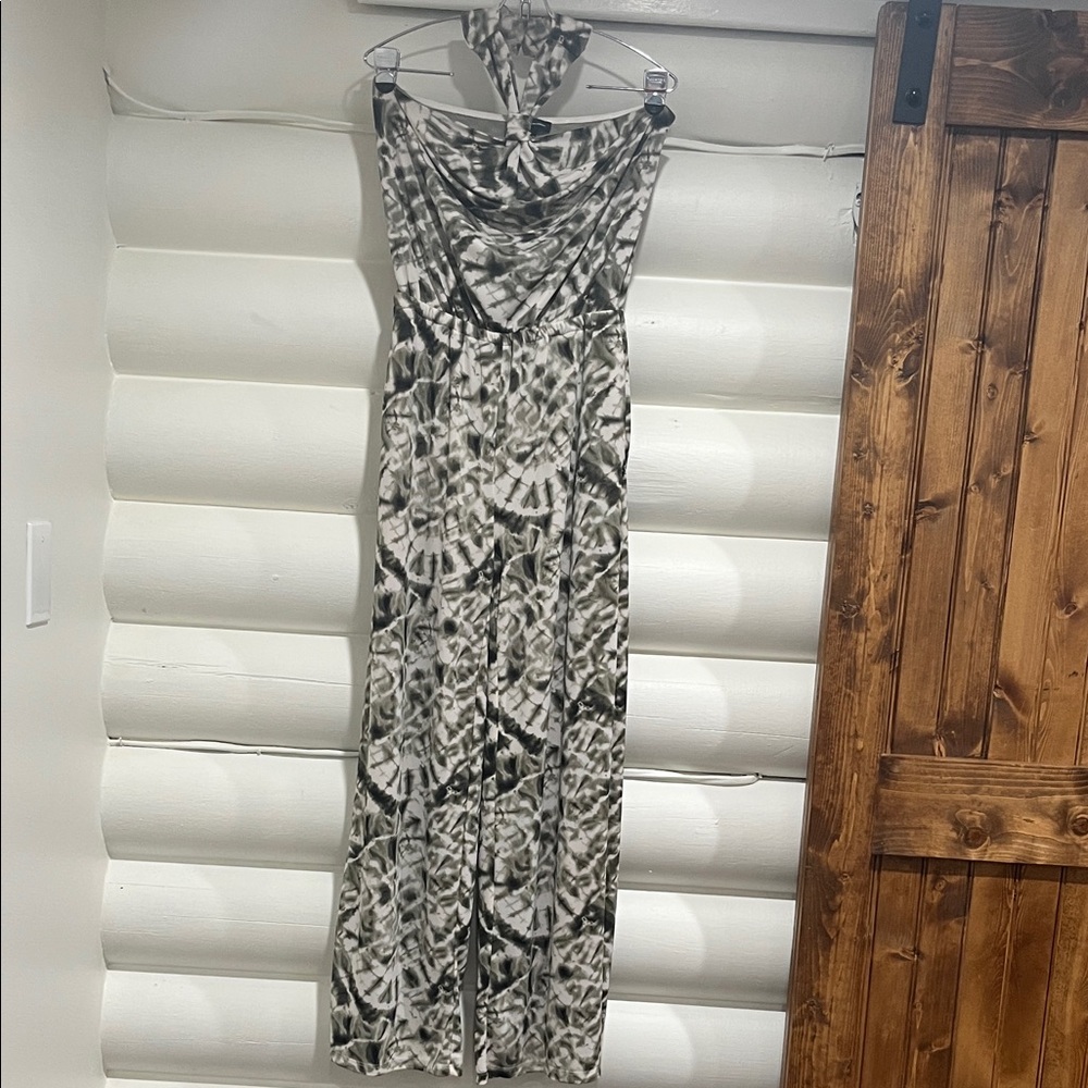 INC International Concepts Dark Green and White Jumpsuit